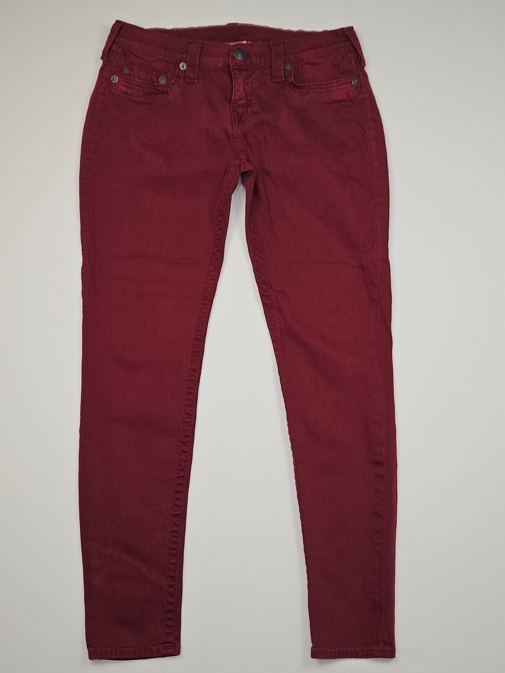 True Religion Casey Skinny Jeans Size 31 Burgundy Oxblood Stretch Made USA